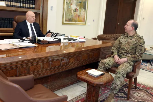 Lebanese President Joseph Aoun meets Armed Forces Commander General Rodolphe Haykal ahead of his departure for Washington (Lebanese Presidency)