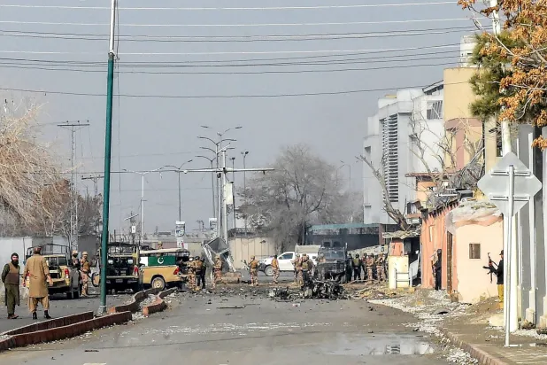 Security personnel inspect the blast site after an attack by Baloch separatists in Quetta on January 31, 2026. (Photo by Adnan AHMED / AFP)