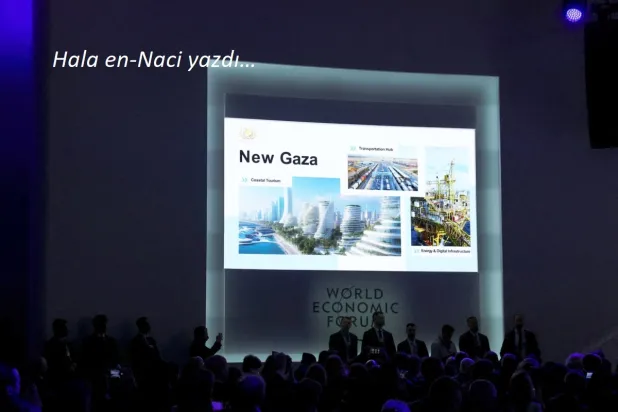 Davos Forumu 2026'nın oturum aralarında “Barış Konseyi” girişiminin duyurulması sırasında “Yeni Gazze” başlıklı bir slayt gösterimi yapıldı