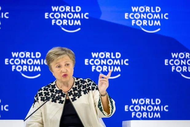 International Monetary Fund (IMF) managing director Kristalina Georgieva gestures as she speaks during the final day of the World Economic Forum (WEF) annual meeting in Davos on January 23, 2026. (Photo by Fabrice COFFRINI / AFP)