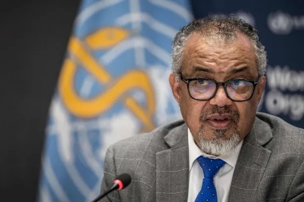 WHO Director-General Tedros Adhanom Ghebreyesus looks on during a press conference with the Association of Accredited Correspondents at the United Nations (ACANU) at the World Health Organization's headquarters in Geneva, on December 10, 2024. (AFP)