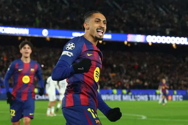 Football - UEFA Champions League - FC Barcelona v FC Copenhagen - Spotify Camp Nou, Barcelona, Spain - January 28, 2026 FC Barcelona's Raphinha celebrates scoring their third goal. (Reuters)