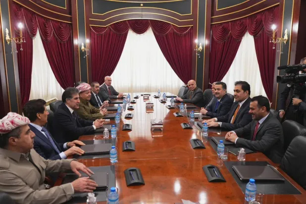 من اللقاء الموسع بين وفد «الإطار التنسيقي» والقيادة الكردية في أربيل برئاسة مسعود بارزاني (وكالة الأنباء العراقية)