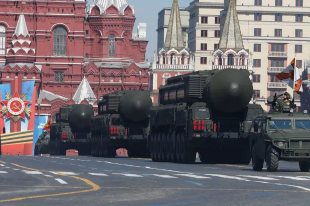 Russian mobile Topol-M missile launching units drive in formation during the Victory Day parade in Moscow's Red Square May 9, 2014. (Reuters)