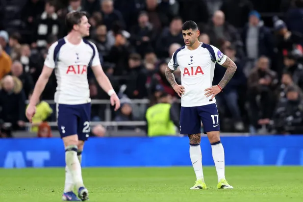 Football - Premier League - Tottenham Hotspur v Manchester City - Tottenham Hotspur Stadium, London, Britain - February 1, 2026 Tottenham Hotspur's Cristian Romero reacts after Manchester City's Antoine Semenyo scored their second goal. (Reuters)