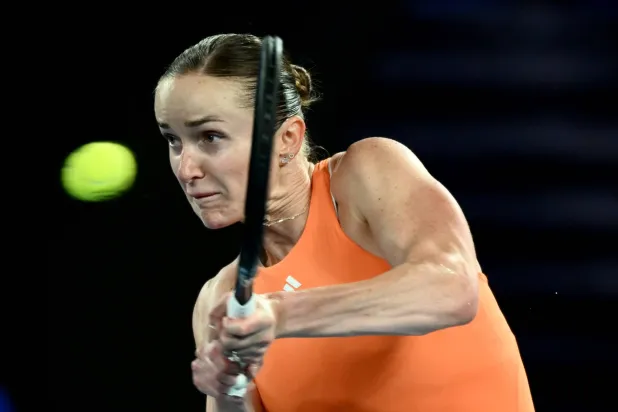 Elina Svitolina of Ukraine in action during the women’s semi-final against Aryna Sabalenka of Belarus on day 12 of the 2026 Australian Open tennis tournament in Melbourne, Australia, 29 January 2026. (EPA)