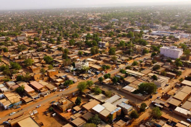 A drone picture shows the main street of a suburb following the attack on the international airport in Niamey, Niger January 30, 2026. REUTERS/ Mahamadou Hamidou
