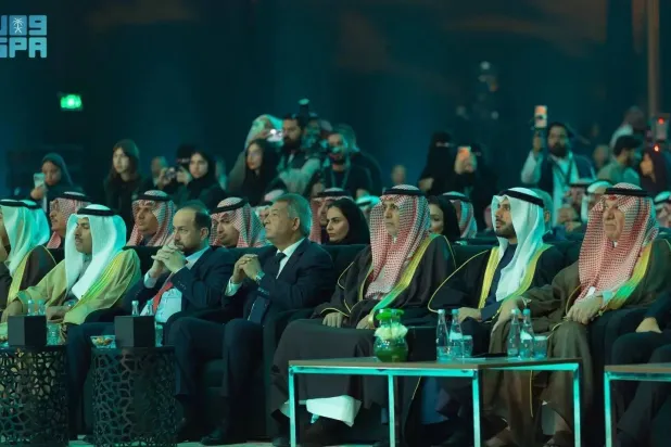 Officials are seen at the fifth Saudi Media Forum in Riyadh on Monday. (SPA)
