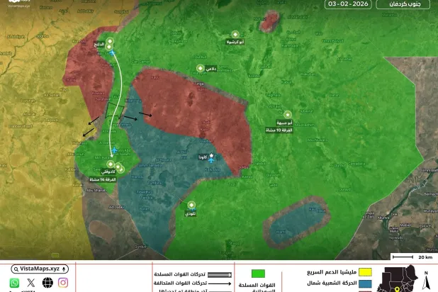 خريطة سير المعارك حتى كسر حصار كادوقلي (Vista maps)