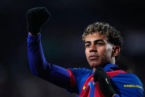 Barcelona's Lamine Yamal celebrates the opening goal during a Copa del Rey quarter-final match between Albacete and Barcelona, in Albacete, Spain, Tuesday, Feb. 3, 2026. (AP)