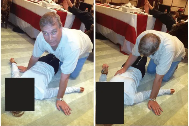 صورتان جديدتان تم الكشف عنهما في ملفات إبستين تظهران أندرو وهو زاحف على يديه وركبتيه ويلمس خصر امرأة مجهولة الهوية (رويترز)