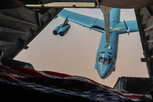 This photo released by the US Air Force shows a B-52H Stratofortress approaching a KC-10 Extender for refueling over the Middle East, Sept. 4, 2022. (US Air Force/Staff Sgt. Shannon Bowman, via AP, File)