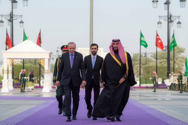 03 February 2026, Saudi Arabia, Riyadh: Saudi Crown Prince Mohammed bin Salman receives Turkish President Recep Tayyip Erdogan in Riyadh. Photo: -/Saudi Press Agency/dpa
