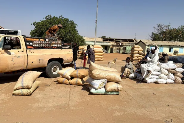 Sacks of crops are stacked at the El Obeid crops market, in El Obeid, North Kordofan State, Sudan, January 14, 2026. REUTERS/El Tayeb Siddig