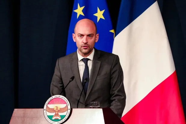 France's Foreign Minister Jean-Noel Barrot gives a joint press conference with the President of Iraq's autonomous Kurdistan Region in Erbil, the regional capital, on February 5, 2026. (Photo by Safin HAMID / AFP)