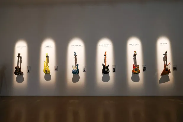 Guitars are displayed during a press preview of The Jim Irsay Collection at Christie's Los Angeles in Beverly Hills, California, on February 5, 2026. (Photo by VALERIE MACON / AFP)