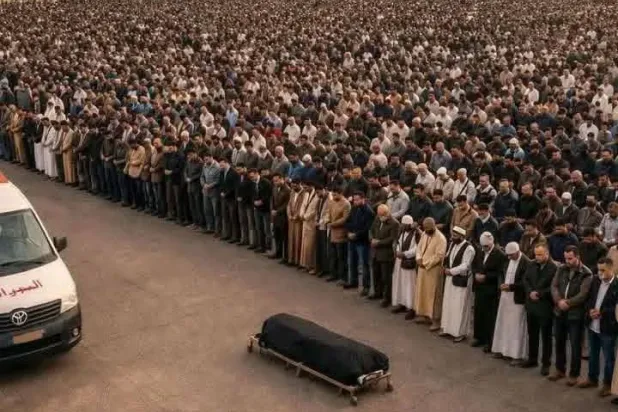 جموع من الليبيين يُصلّون على سيف القذافي في مدينة بني وليد (صفحات تابعة لسيف القذافي)