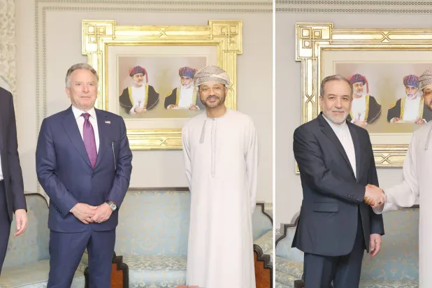 صورة مركبة لاستقبال وزير خارجية عُمان البوسعيدي نظيره الإيراني عراقجي (يمين) ثم لاستقباله المبعوث الأميركي ويتكوف وكوشنر قبل بدء المباحثات في مسقط أمس (إ.ب.أ)