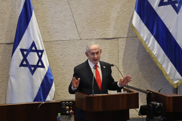 Israeli Prime Minister Benjamin Netanyahu delivers a speech during a special session to mark the 77th anniversary of the Knesset's establishment and the 60th anniversary of the dedication of the current building at the Knesset, the Israeli parliament, in Jerusalem, 02 February 2026. (EPA)