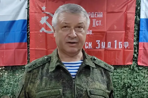 In this image made from video and provided by the Russian Defense Ministry Press Service, on June 23, 2023, Lt. Gen. Vladimir Alexeyev speaks to servicemen in an undisclosed location. (Russian Defense Ministry Press Service via AP)
