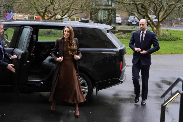 Britain's Prince William (R), Prince of Wales and Catherine (C), Princess of Wales arrive to meet with the Archbishop of Canterbury Sarah Mullally at Lambeth Palace in London on February 5, 2026. (Photo by Aaron Chown / POOL / AFP)