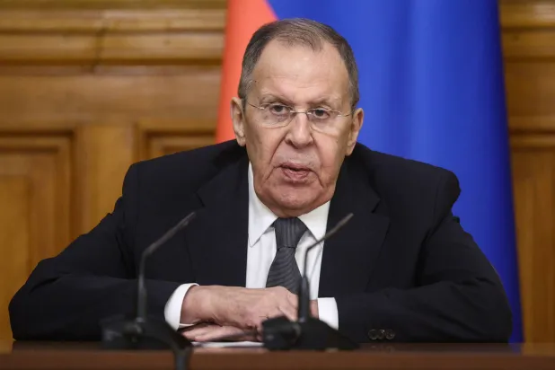 06 February 2026, Russia, Moscow: Russian Foreign Minister Sergei Lavrov gives a press conference following a meeting with Organization for Security and Cooperation in Europe (OSCE) Chairperson-in-Office Ignazio Cassis, head of Switzerland's Federal Department of Foreign Affairs, Federal Councilor of the Swiss Confederation, and OSCE Secretary General Feridun Sinirlioglu at the Russian Foreign Ministry's Reception House. (Sofya Sandurskaya/TASS via ZUMA Press/dpa) 