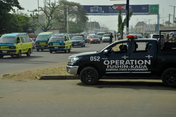 FILE PHOTO: A police vehicle of Operation Fushin Kada (Anger of Crocodile) is parked on Yakowa Road, as schools across northern Nigeria reopen nearly two months after closing due to security concerns, following the mass abductions of school children, in Kaduna, Nigeria, January 12, 2026. REUTERS/Nuhu Gwamna/File Photo