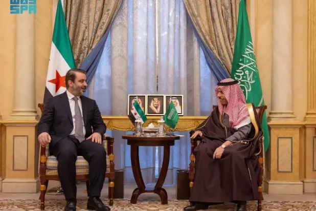 Saudi Minister of Foreign Affairs Prince Faisal bin Farhan bin Abdullah and his Syrian counterpart Asaad Al-Shaibani meet in Riyadh on Monday. (SPA)