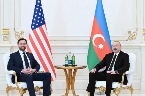 A handout photo made available by the Press Service of the President of the Republic of Azerbaijan shows Azerbaijan's President Ilham Aliyev (R) and US Vice President JD Vance (L) during a meeting in Baku, Azerbaijan, 10 February 2026. (EPA/Azerbaijan Presidential Press Service Handout)