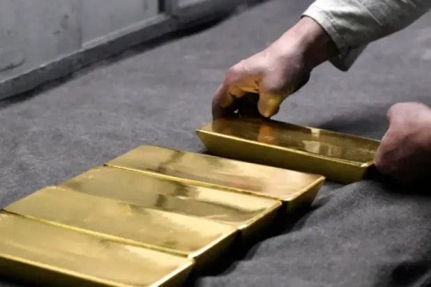 FILE PHOTO: An employee places ingots of 99.99 percent pure gold in a workroom at the Novosibirsk precious metals refining and manufacturing plant in the Siberian city of Novosibirsk, Russia, September 15, 2023. REUTERS/Alexander Manzyuk/File Photo