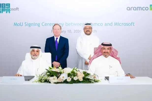Officials at the signing ceremony between Saudi Aramco and Microsoft. (SPA)