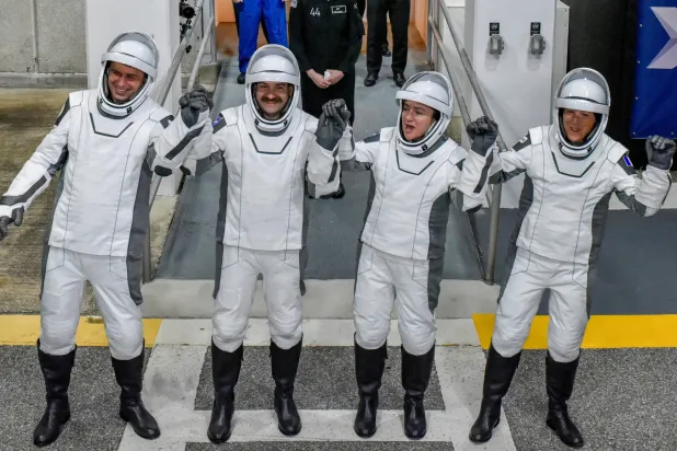 NASA’s Crew-12 members, Russian cosmonaut Andrey Fedyaev, NASA astronauts Jack Hathaway, Jessica Meir, and ESA astronaut Sophie Adenot walk out of the Operations & Checkout Building at the Kennedy Space Center before transport to Launch Complex 40, ahead of their launch to the International Space Station, in Cape Canaveral, Florida, US, February 13, 2026. REUTERS/Steve Nesius
