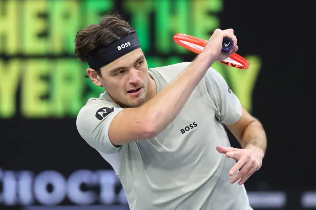 FRISCO, TEXAS - FEBRUARY 13: Taylor Fritz of the United States plays a shot against Sebastian Korda of the United States in the Men's Singles Quarterfinals match during day five of the 2026 Dallas Open at The Ford Center at The Star on February 13, 2026 in Frisco, Texas. Sam Hodde/Getty Images/AFP