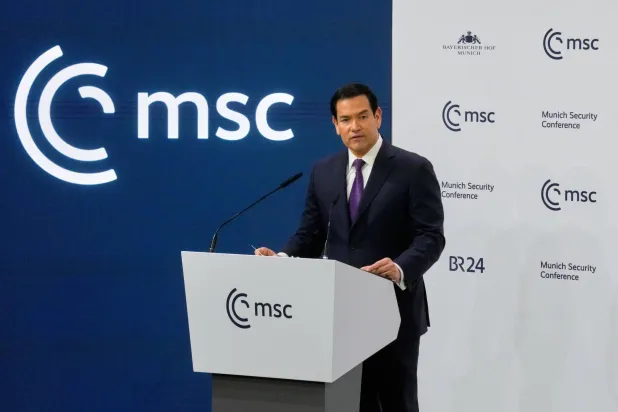 US Secretary of State Marco Rubio speaks during the Munich Security Conference in Munich, Germany, Saturday, Feb. 14, 2026. (AP Photo/Michael Probst)