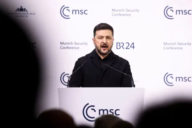 Ukrainian President Volodymyr Zelenskiy speaks during the Munich Security Conference (MSC) in Munich, Germany, February 14, 2026. REUTERS/Liesa Johannssen 