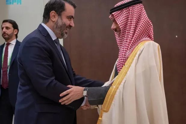 Saudi Minister of Foreign Affairs Prince Faisal bin Farhan bin Abdullah met Syrian counterpart Asaad Al-Shaibani. (SPA)