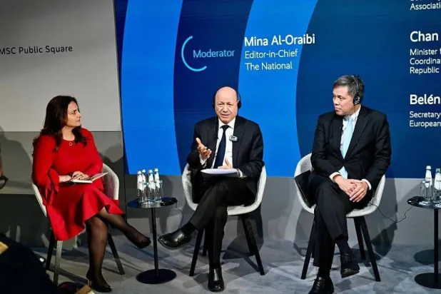 Al-Alimi presents Yemen’s vision for maritime security during a panel discussion in Munich (SABA).