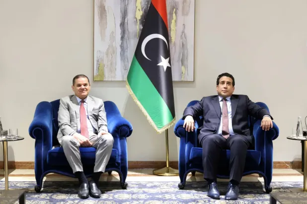 Menfi ve Dibeybe arasında Trablus'ta yapılan toplantıdan bir kare, 11 Şubat 2026 (Libya Başkanlık Konseyi)