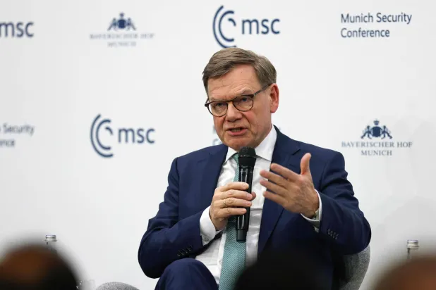 German Foreign Minister Johann Wadephul speaks during the 62nd Munich Security Conference (MSC) on February 14, 2026 in Munich, southern Germany. Heads of state and government as well as foreign and defense ministers from all over the world are expected to attend the security policy talks from February 13 to 15, 2026. (AFP)