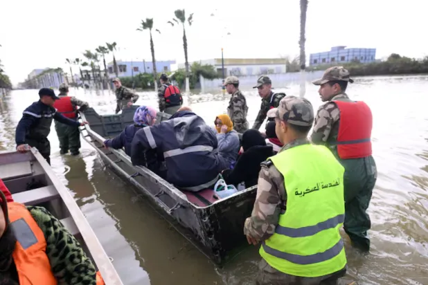 Royal Armed Forces and civil authorities work together to address flooding risks amid rising waters in the Loukkos River, in Ksar El Kebir, Morocco February 2, 2026. Moroccan authorities/Handout via REUTERS 