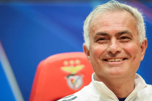 Benfica's coach Jose Mourinho reacts during a press conference on the eve of their UEFA Champions League knockout round play-off first leg football match against Real Madrid at Benfica Campus in Seixal, outskirts of Lisbon, on February 16, 2026. (AFP) 