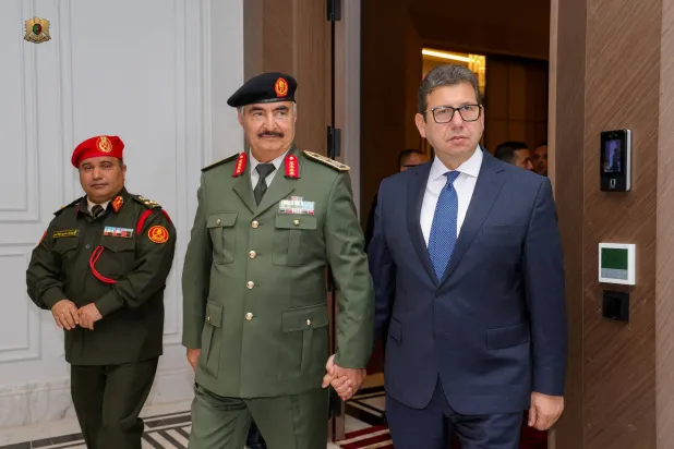 LNA commander Khalifa Haftar meets with Egypt’s chief of intelligence Hassan Rashad on Sunday. (LNA General Command) 