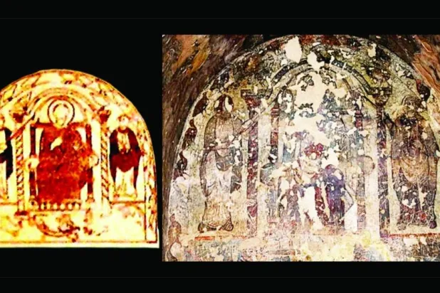 الأمير متربّعاً على عرشه في لوحة من جداريات قصير عمرة، مع رسم توثيقي حديث لهذه اللوحة