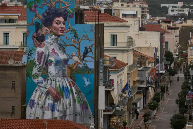 A building with the mural entitled “Kalamata” depicting opera legend Maria Callas by artist Kleomenis Kostopoulos is seen in Kalamata town, about 240 kilometers (150 miles) southwest of Athens, Monday, Feb. 9, 2026. (AP) 