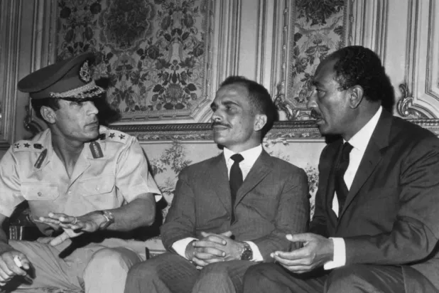 King Hussein and Moammar Gaddafi holding talks on the sidelines of an Arab summit in Cairo in 1970 (AFP).