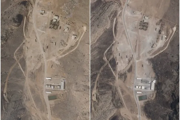 صورة مركّبة من لقطات أقمار اصطناعية تُظهر قاعدة شيراز الجنوبية للصواريخ في إيران قبل إعادة الإعمار (يمين) وبعدها (يسار) (رويترز)
