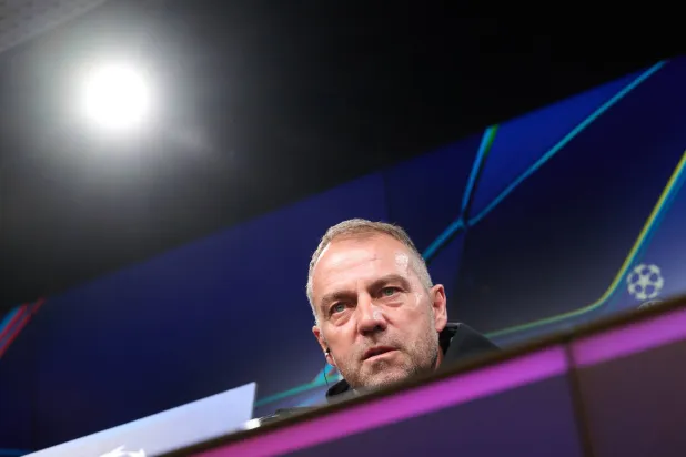 14 April 2025, North Rhine-Westphalia, Dortmund: Barcelona coach Hansi Flick attends a press conference ahead of the 2025 UEFA Champions League quarter-final second leg soccer match against Borussia Dortmund. (dpa)