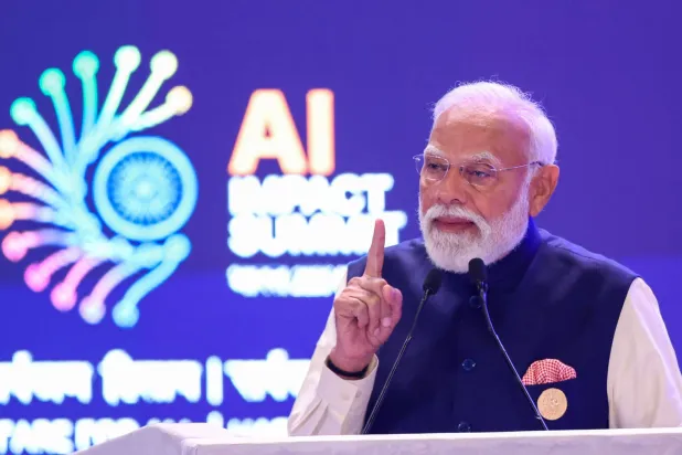 A handout photo made available by the Press Information Bureau (PIB) of Indian Prime Minister Narendra Modi speaking with global leaders at the AI Impact Summit 2026 at Bharat Mandapam in New Delhi, India, 19 February 2026.EPA/PRESS INFORMATION BUREAU HANDOUT HANDOUT