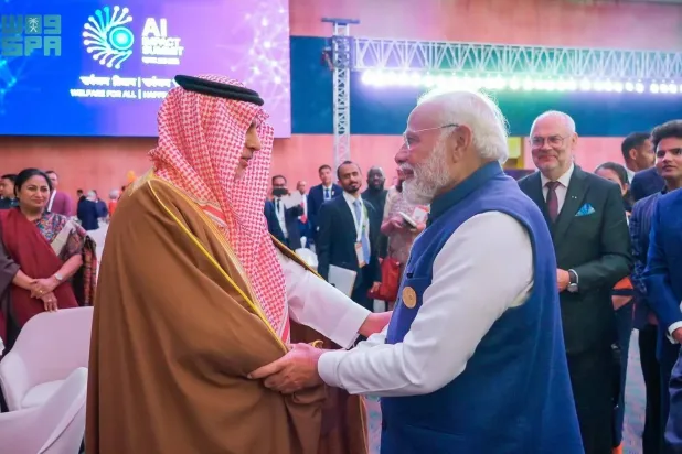 Indian Prime Minister Narendra Modi and President of the Saudi Data and Artificial Intelligence Authority (SDAIA) President Dr. Abdullah Al-Ghamdi meet on the sidelines of the India AI Impact Summit 2026. (SPA)