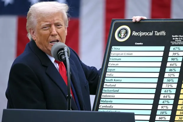 Trump, Nisan 2025'te dünyanın çoğu ülkesine uygulayacağını açıkladığı gümrük vergileri listesini gösteriyor (AFP)